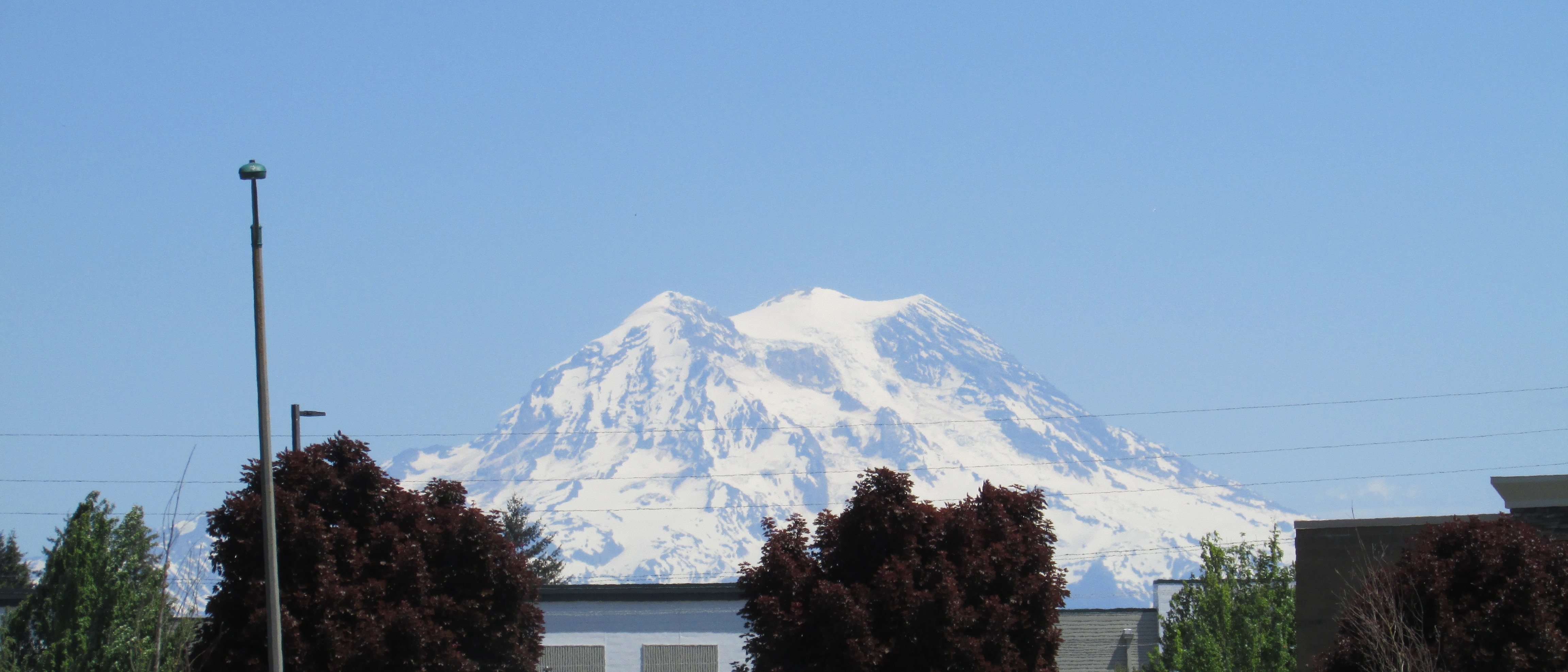 Mount Rainier seen from East Yelm Avenue in Yelm, Washington, rising above the rooftops and trees along the road